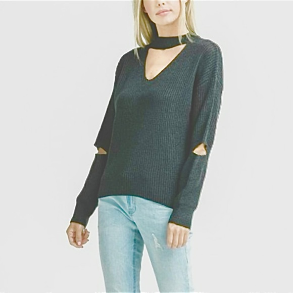 Charcoal Gray Choker Collar Sweater Open Elbows V-Neck Wool Blend Small - Picture 6 of 11